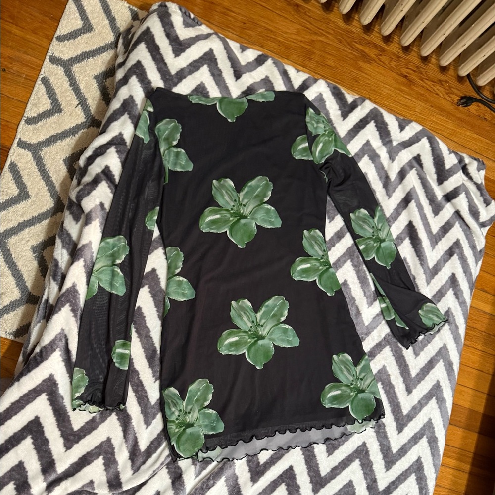 Amazon Essentials Black Midi Dress with Leafy Green Design